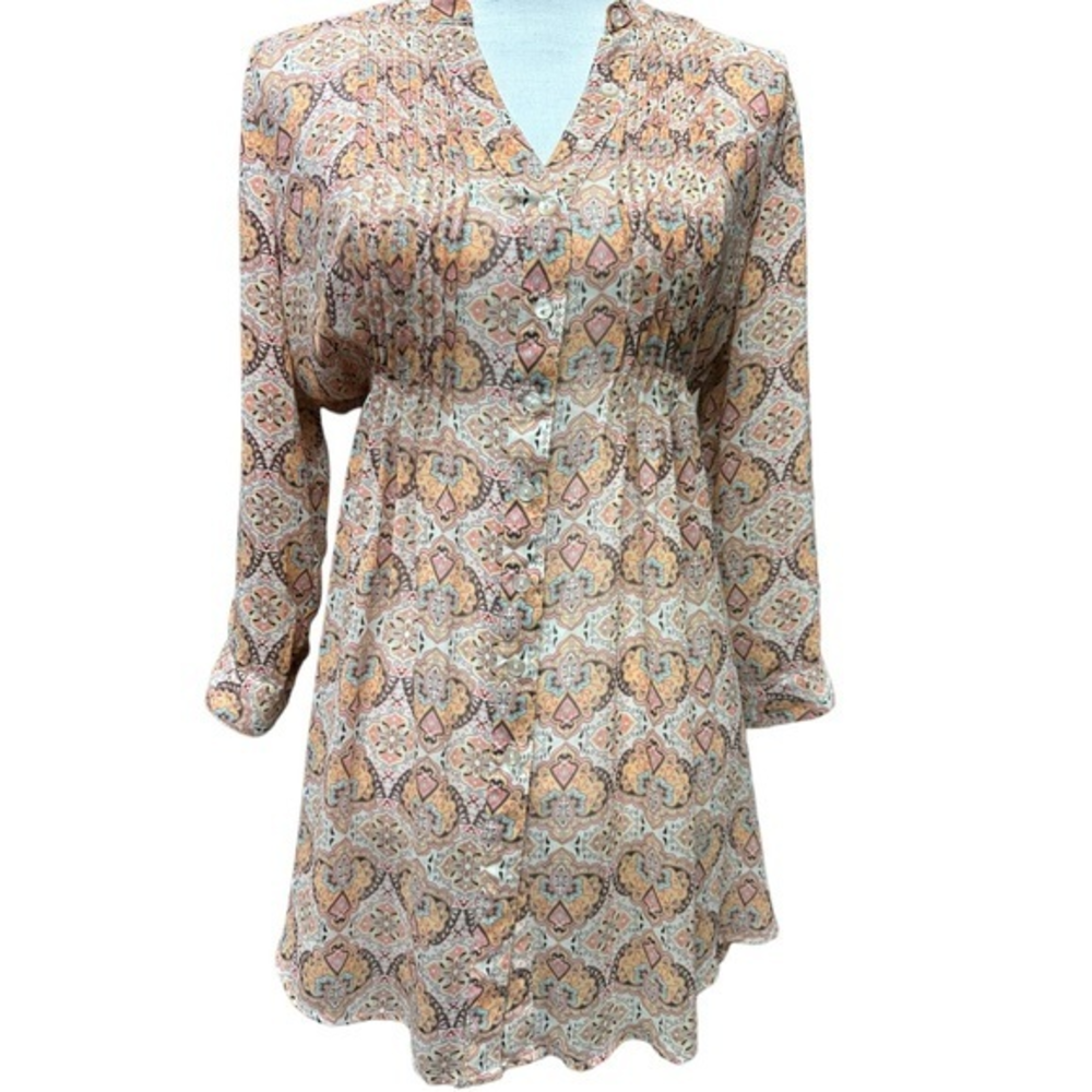 American Rag Boho Pleated Long Sleeve V Neck Dress Size S Arrow Tan Pink Cream‎